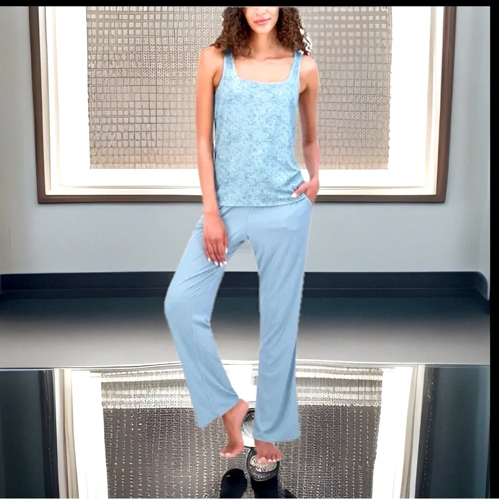 3Pc Blue Cardigan,Tank & Pant Lounge Outfit Rayon Knit Softness In Everyday NWT